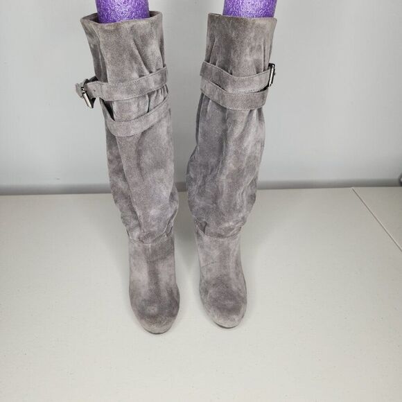 Michael Kors Kincade Gray Suede Buckle Detailed Slouch Heeled Boots - Size 7 EUC - Picture 3 of 5